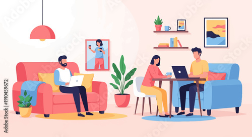 Casual work-from-home scene with three people using laptops in a living room