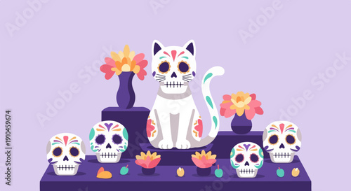 Cat decorated as a sugar skull sits amongst calaveras and flowers