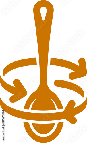 A simple, modern icon featuring an orange spoon with a circular arrow motif indicating stirring or mixing.