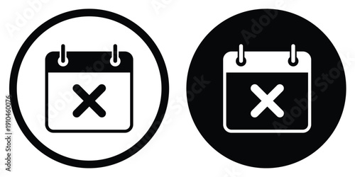Calendar vector icon with a rejected "X" cross mark. Circular frame design for both light and dark modes. Perfect for cancelled events, declined meetings, or expired dates.
