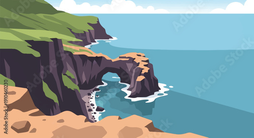 Coastal cliffs and sea with a natural rock arch, serene blue water