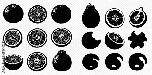Set of citrus fruit silhouettes, including oranges, grapefruits, and pomelos, whole and sliced, with various abstract shapes.