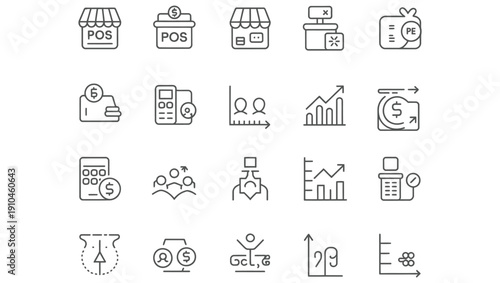 Collection of line art icons representing business finance and retail