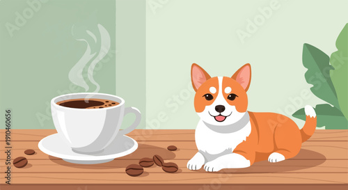 Cute corgi dog and steaming coffee cup on wooden table with beans