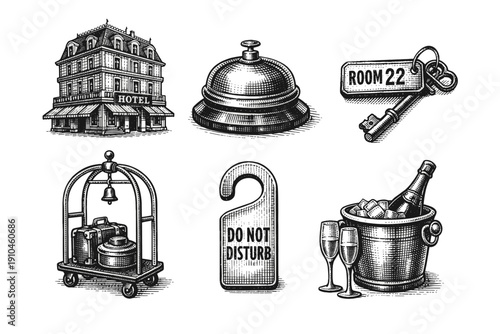 Vintage hotel service engraving set, luxury hospitality sketches in woodcut style