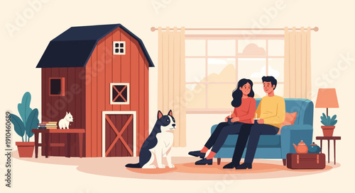 Couple relaxing indoors with pets and barn in background