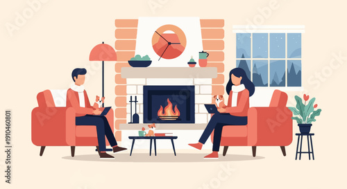 Cozy scene with people and dogs by a fireplace, laptops, and winter outside