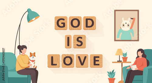 Cozy scene with people, pet, and inspirational message