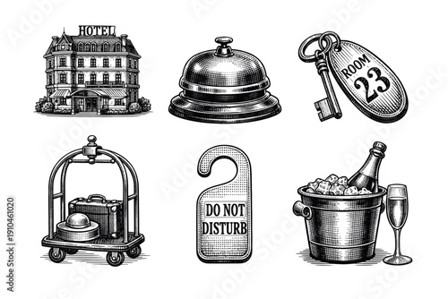 Vintage hotel service engraving set, luxury hospitality sketches in woodcut style