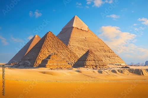 Three sunlit ancient stone pyramids rising from golden desert dunes beneath a bright blue sky, evoking awe and timeless solitude