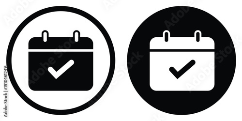 Calendar vector icon with a confirmed checkmark symbol. Set in black and white circular frames. Suitable for verified dates, completed appointments, and successful project scheduling.
