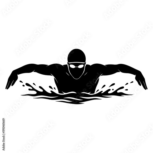 Front View Silhouette Illustration of a Competitive Butterfly Stroke Swimmer
