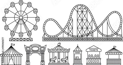 Amusement, park, carnival, rides, ferris, wheel, rollercoaster, circus, carousel, tickets, fairground, entertainment, festival, leisure, attraction, vector, illustration, fun, recreation, collection
