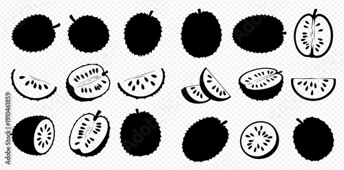 Set of black silhouettes of jackfruit whole, half, and sliced, isolated on a transparent background.