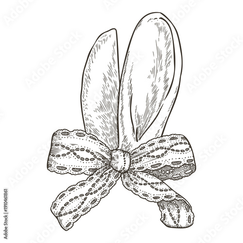 Easter bunny ears vector illustration with vintage lace bow in hand drawn sketch style. Black and white festive outline art. Ideal for spring poster template. Perfect for graphic greeting card design.
