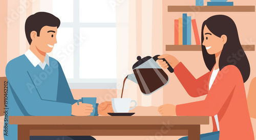 Couple sharing a moment over coffee in a cozy, bright room with a bookshelf