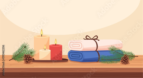 Cozy spa setup with lit candles, rolled towels, pine branches, and cones