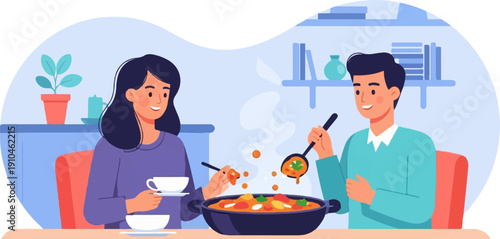 Couple enjoys a home-cooked meal together with fresh ingredients in a cozy setting