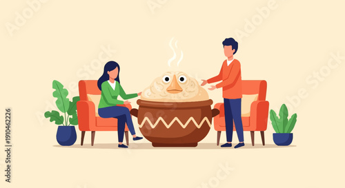 Couple sits on chairs near steaming pot with face