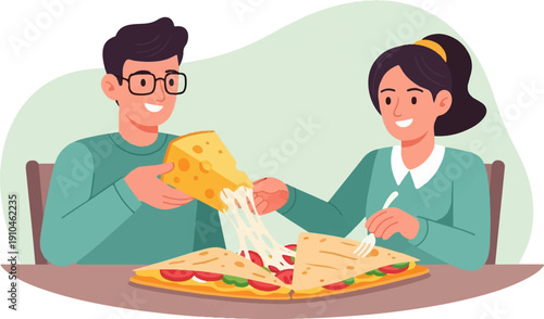 Couple enjoying quesadillas with melting cheese