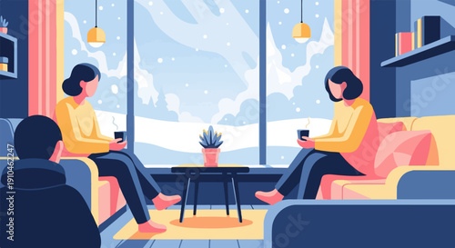 Cozy indoor scene of people enjoying warm drinks watching snowfall outside