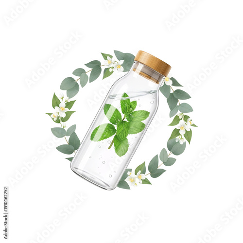 Modern eco-friendly glass bottle with mint leaves and white flowers. Sustainable lifestyle concept, isolated botanical design element for wellness.