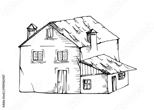 Detailed ink hand drawing of a traditional country villa with sloping roof and character windows. Vintage architecture illustration for travel, branding, packaging and Mediterranean lifestyle themes.