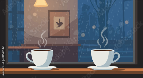 Cozy window view with two steaming coffee cups on a rainy day