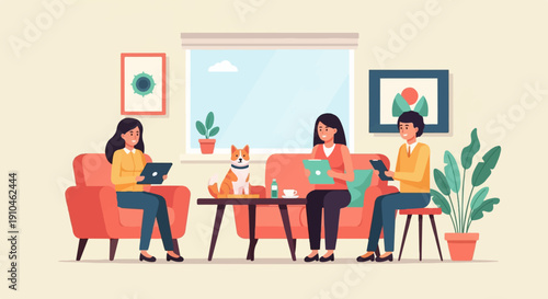 Cozy indoor scene with people and dog using tablets, bright and cheerful