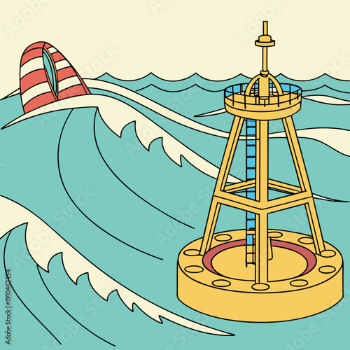 Futuristic ocean wave energy generator technology concept with detailed turbines and blue water