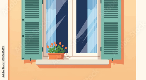 Cozy window with teal shutters, blooming orange flowers, and sheer curtains
