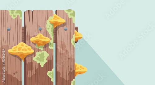 Close up of wooden fence posts with bright yellow shelf fungi and green mold