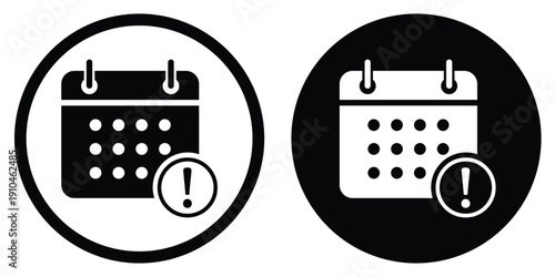 Calendar icon with an exclamation mark warning. Vector illustration for urgent deadlines, event alerts, critical schedules, or important date reminders in circular frames.