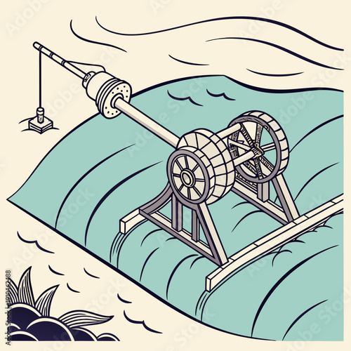 Detailed ocean wave energy generator technology illustration with advanced turbines and sea background