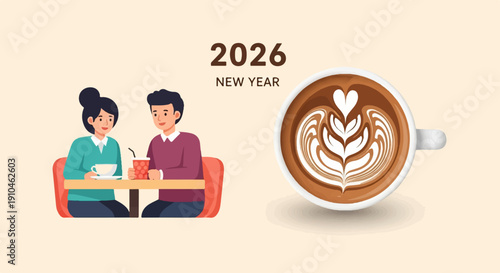 Couple enjoying coffee and drinks, celebrating New Year 2026