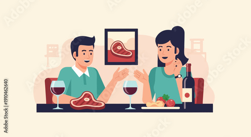 Couple enjoying a steak dinner with red wine