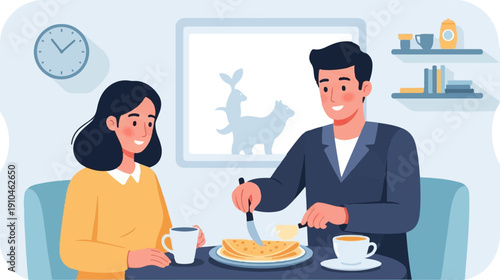 Couple enjoying breakfast and coffee at a table with artwork on the wall