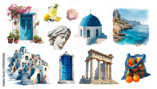 Watercolor Santorini set with Greek village churches, Mediterranean sea views, antique statues, lemon drinks, and white architecture under sunny blue skies. Vector illustration.
