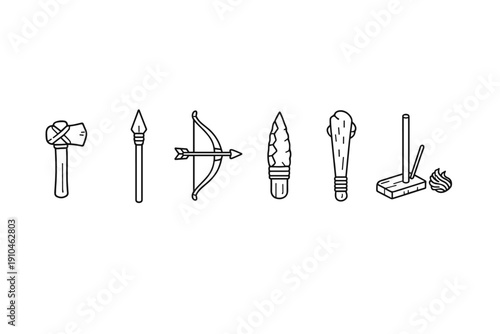 Minimal line icons of prehistoric survival tools including stone hammer, spear, bow and arrow, flint knife, wooden club, and fire starter set