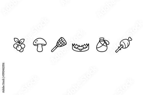 Minimal black line icons of berries, mushroom, net, bear trap, potion bottle, and meat skewer on a white background for game inventory UI