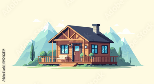 Cozy wooden cabin nestled in serene mountains