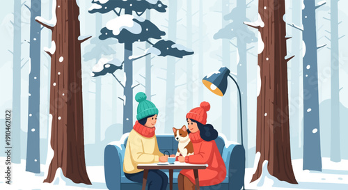 Cozy winter scene with two friends and a dog enjoying hot drinks
