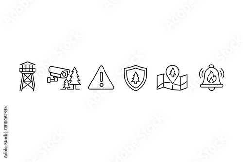 Minimal black line icons for wildfire safety and forest protection, featuring watchtower, camera, warning sign, shield, map marker, and alarm bell