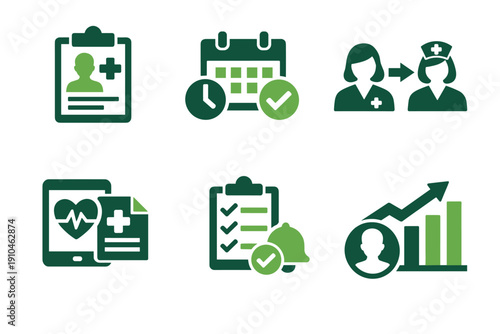 Set of green healthcare management icons showing medical records, appointment calendar, patient referral, digital health monitoring, checklist reminders, and growth analytics