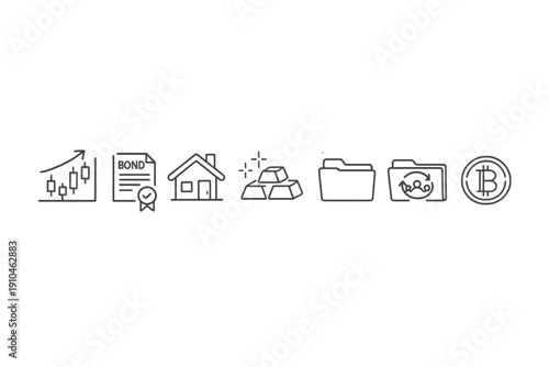 Minimal grayscale finance icon banner showing investment chart, bond certificate, home, gold bars, folder, piggy bank, and cryptocurrency coin symbols