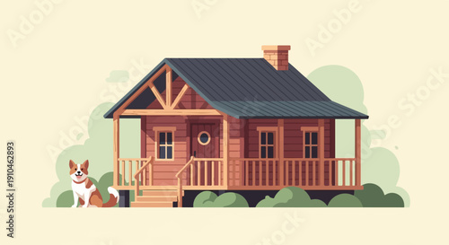 Cozy wooden cabin with porch and a dog enjoying the day
