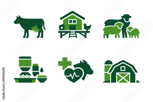 Green farm icon set featuring livestock animals, farmhouse, feeding equipment, veterinary health symbol, and barn silhouettes for agriculture concepts