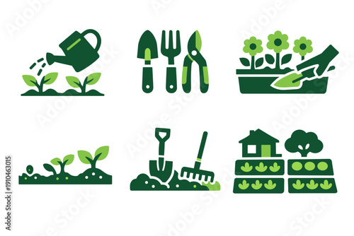 Green gardening icons set featuring watering can, hand tools, seedlings, soil preparation, planting, and home garden beds in flat vector style