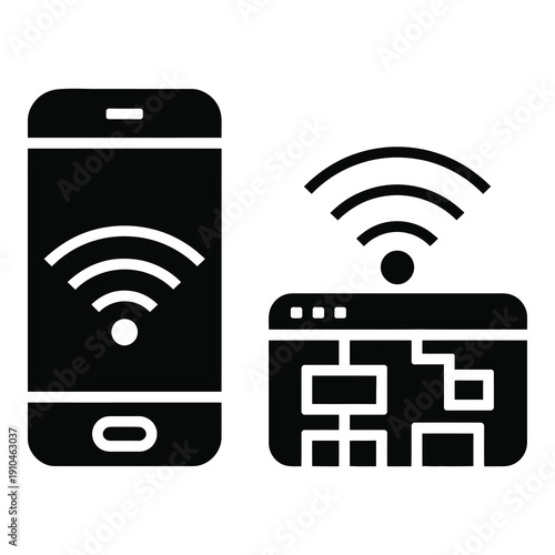 Mobile phone and computer with WiFi signal icons on white background icon