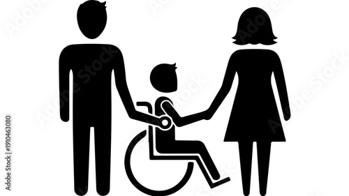 Family with child in wheelchair symbol representing inclusion and support.